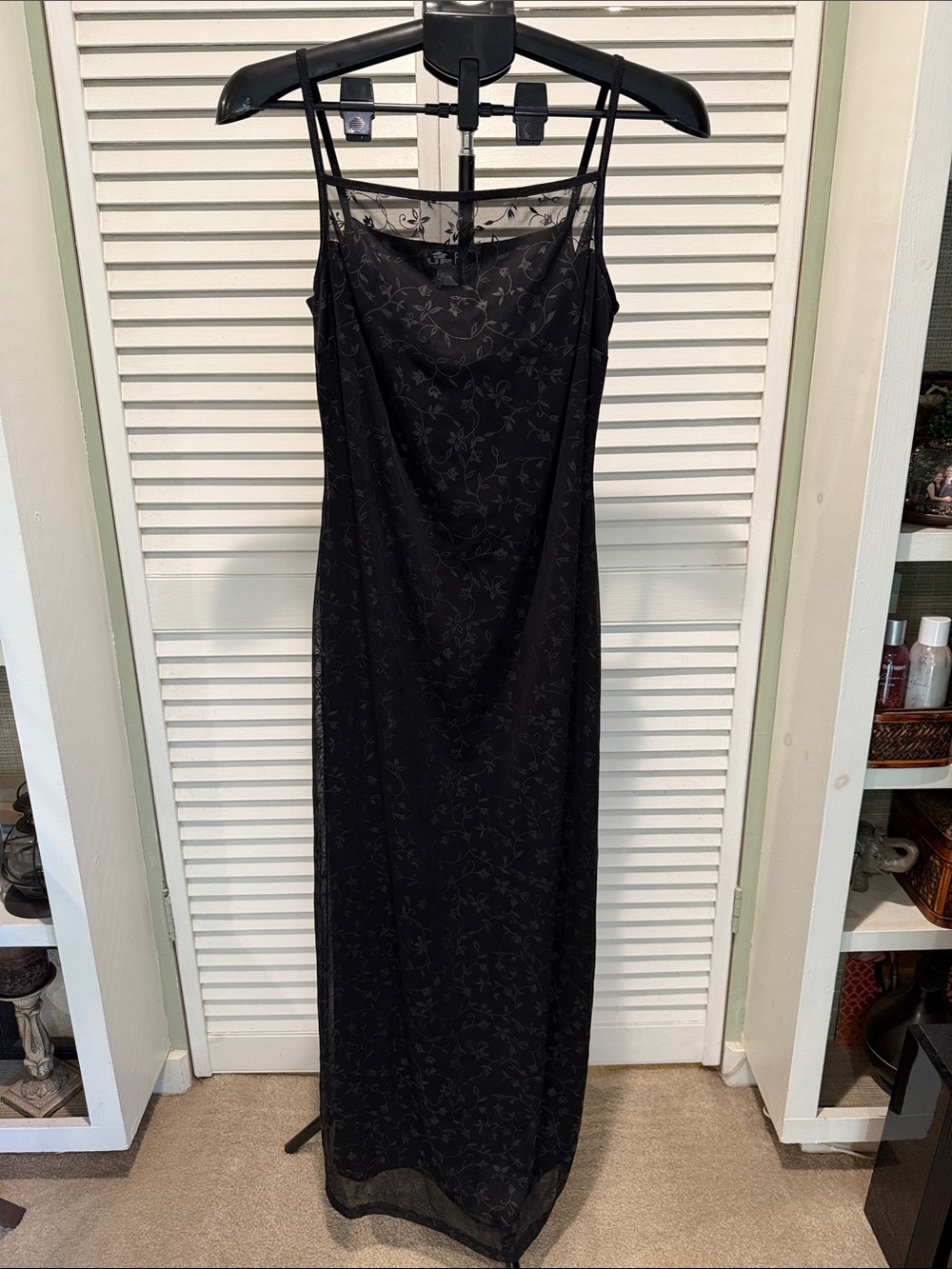 Vintage Elegant Black Floral Slip Dress with Sheer Overlay